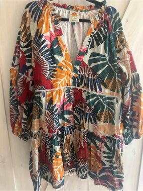 FARM Rio Multicolor Leaf-Print Tiered Long Sleeve Dress